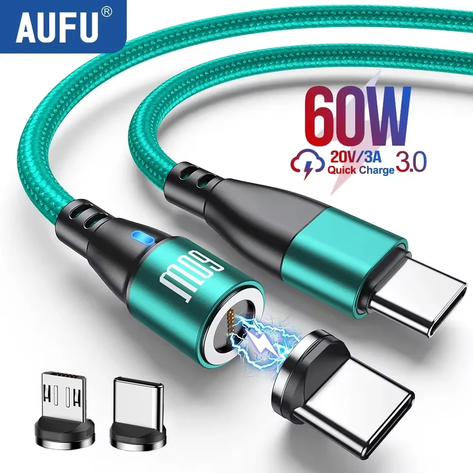 AUFU 60W Magnetický kábel USB Rýchle nabíjanie USBC na zadanie mikro magnetického dátového kábla pre MacBook Samsung Xiaomi Magnet nabíjačky na nabíjačku