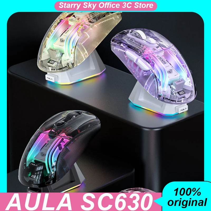 AULA SC630 Bezdrôtové priehľadné priehľadné Bluetooth TRI MOSE REODIP DO MAGNETICKÉHO BASE Long Endurance RGB Prispôsobené herná myš