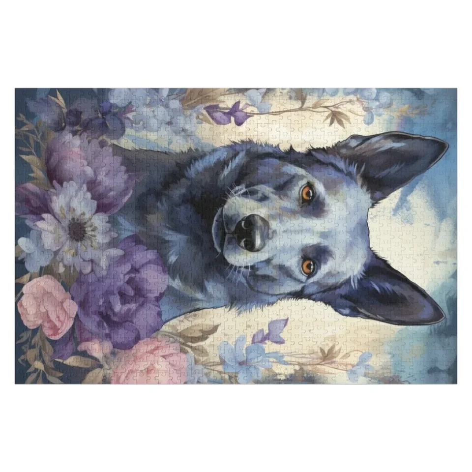 Austrálsky kelpie psom umenie v modrých kvetoch skladačka skladačka drevené zviera Personalizované darčekové fotografie vlastné meno Wood Puzzle