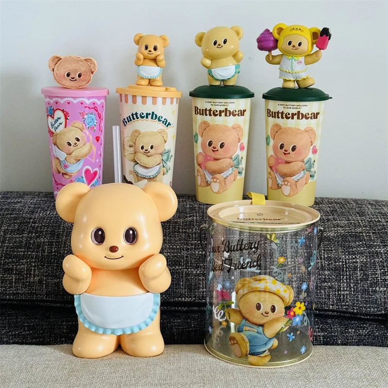 Autentické maslo medveď v tvare šálky roztomilý karikatúra anime bábika Straw Cup Stretch Strešovanie úspor