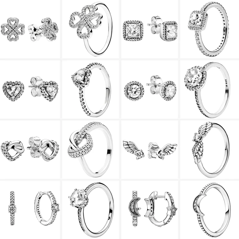 Autentické nové 925 Sterling Silver Rings náušnice módne srdce číry zirkón Lucky Pantaro Rings náušnice jemné kúzla šperky