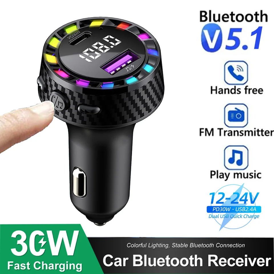 Auto Bluetooth 5.3 FM vysielač nabíjačka automobilu Audio Dual USB Typ C Rýchla nabíjačka Farba ľahkého ruky mp3 prehrávač mp3