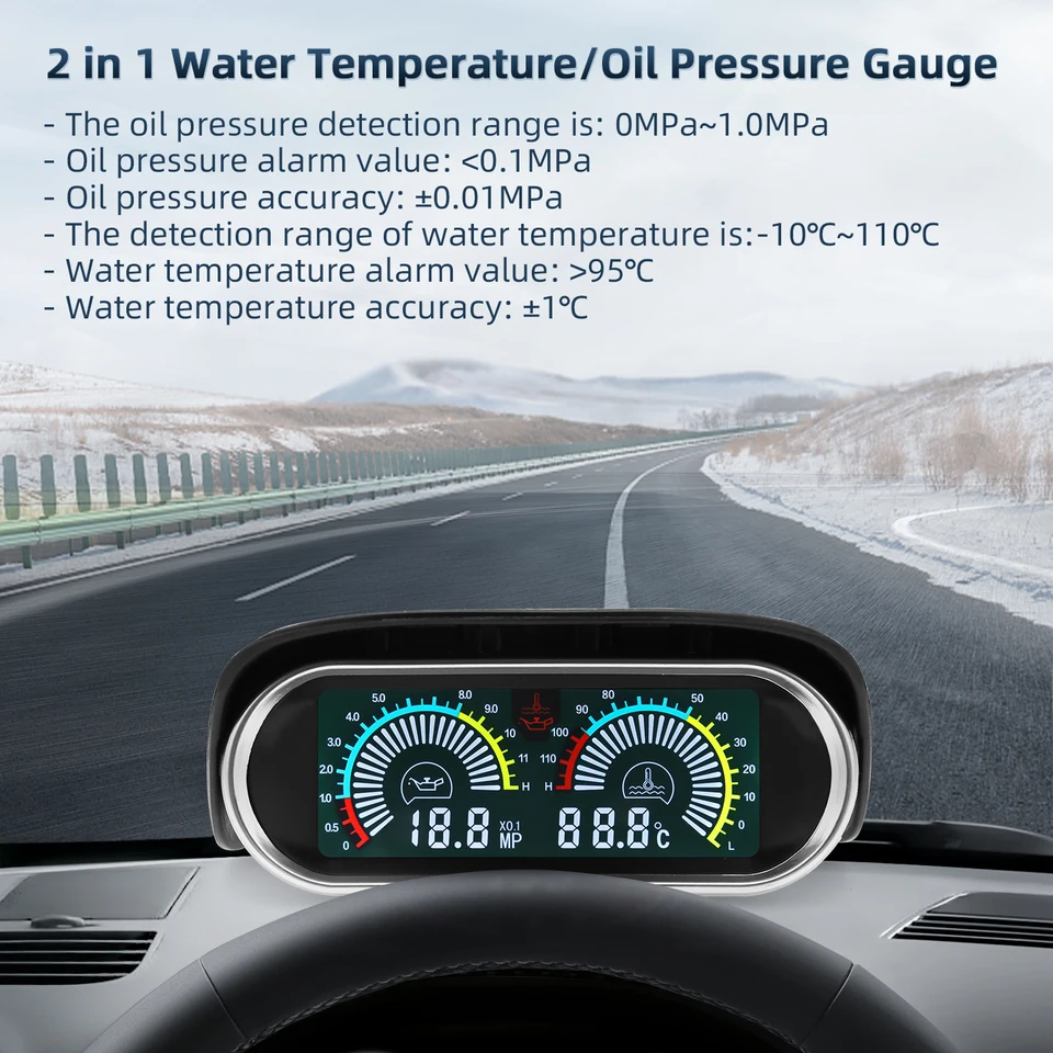 Auto LCD 2in 1 Olejový tlakový merací merač teploty voda indikátor paliva s 1/8nptovým olejovým lisovacím adaptérom 26 ~ 40 mm