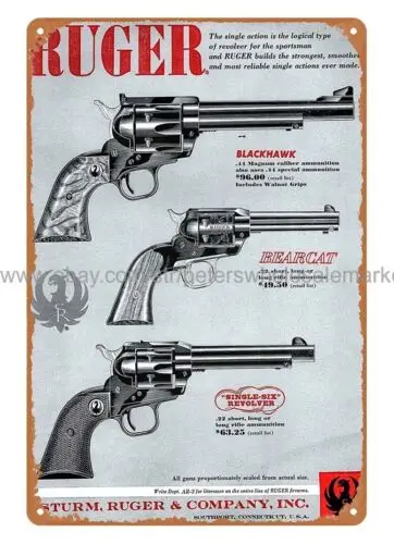 Auto Shop 1961 Ruger Single Six Bearcat Blackhawk Revolver kovový plechový znak