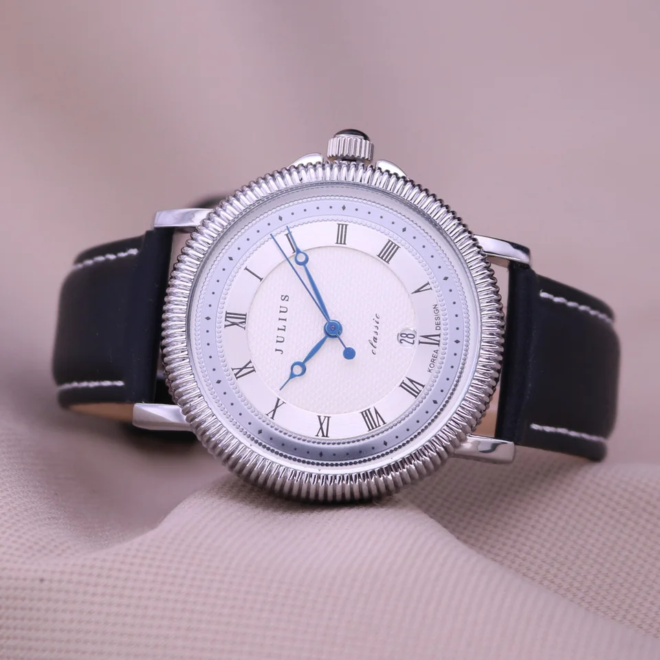 Automatické dátum Julius Pánske hodinky Veľká móda Japonsko Quartz Hodiny náramok retro retro skutočná koža milovníci chlapca s darčekovou krabicou