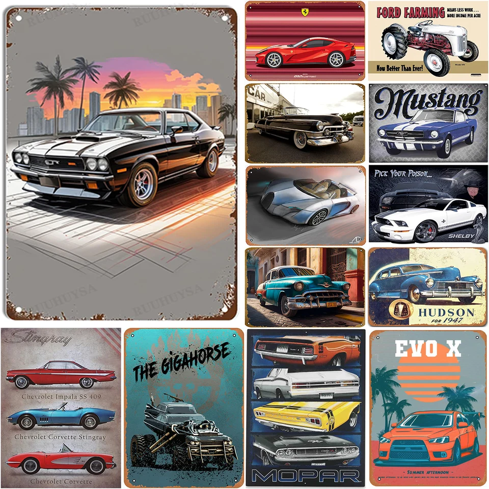 Automatické kovové plechové značky Pleque Classic Car Wall Decotion Decotion Vintage Art Plagáty železná maľba pre muža Cave Home Cafe Garage Club Bar