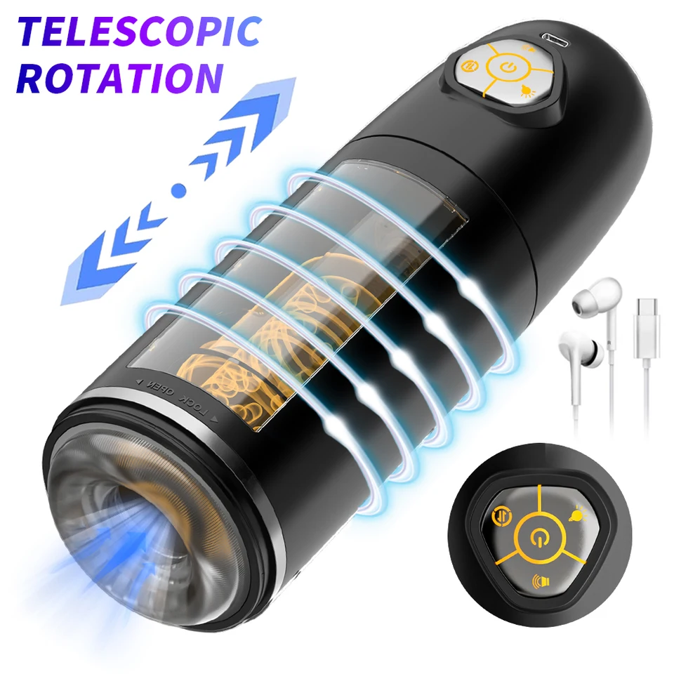 Automatické ťahanie Rotujúce mužské masturbátor Telescoping farebné svetlá pennis masáž oneskorené cvičenie pre dospelých sexuálne hračky pre mužov