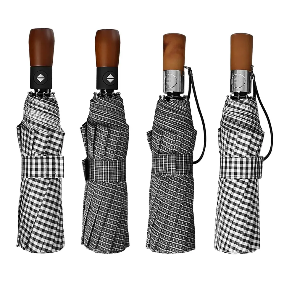 Automatický skladací dáždnik zabaliteľné 10 rebrá silná drevená rukoväť batoh dáždničky Windproof Travel Umbrella Business Dáždnik