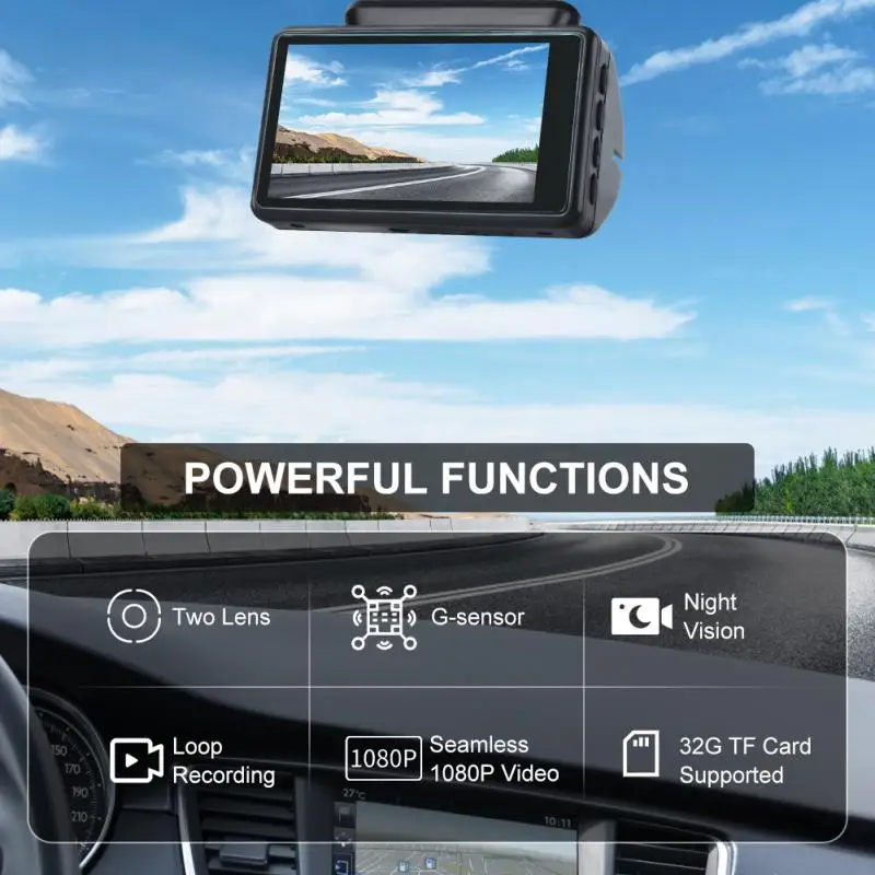 Automobil DVR interiérové ​​zobrazenie Camera 2 šošovky Dashcam Revers Dash Cam Hnacím videorekordérom 1080p 3 -palcový displej IPS príslušenstvo