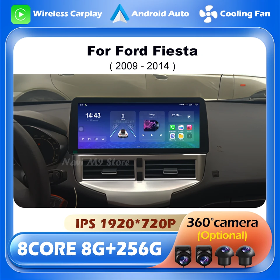 Automobilové multimediálne video prehrávač pre Ford Fiesta 2009-2014 Android Auto Wireless WiFi WiFi navigačné GPS 12.3 
