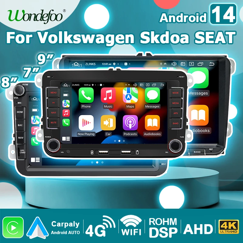 Automobilové rádio 7 '' 8 '' 9 '' Android 14 CarPlay 2 Din pre VW Amarok Skoda Fabia Limousine Roomster Sedadlo Altea Android Auto Navigácia