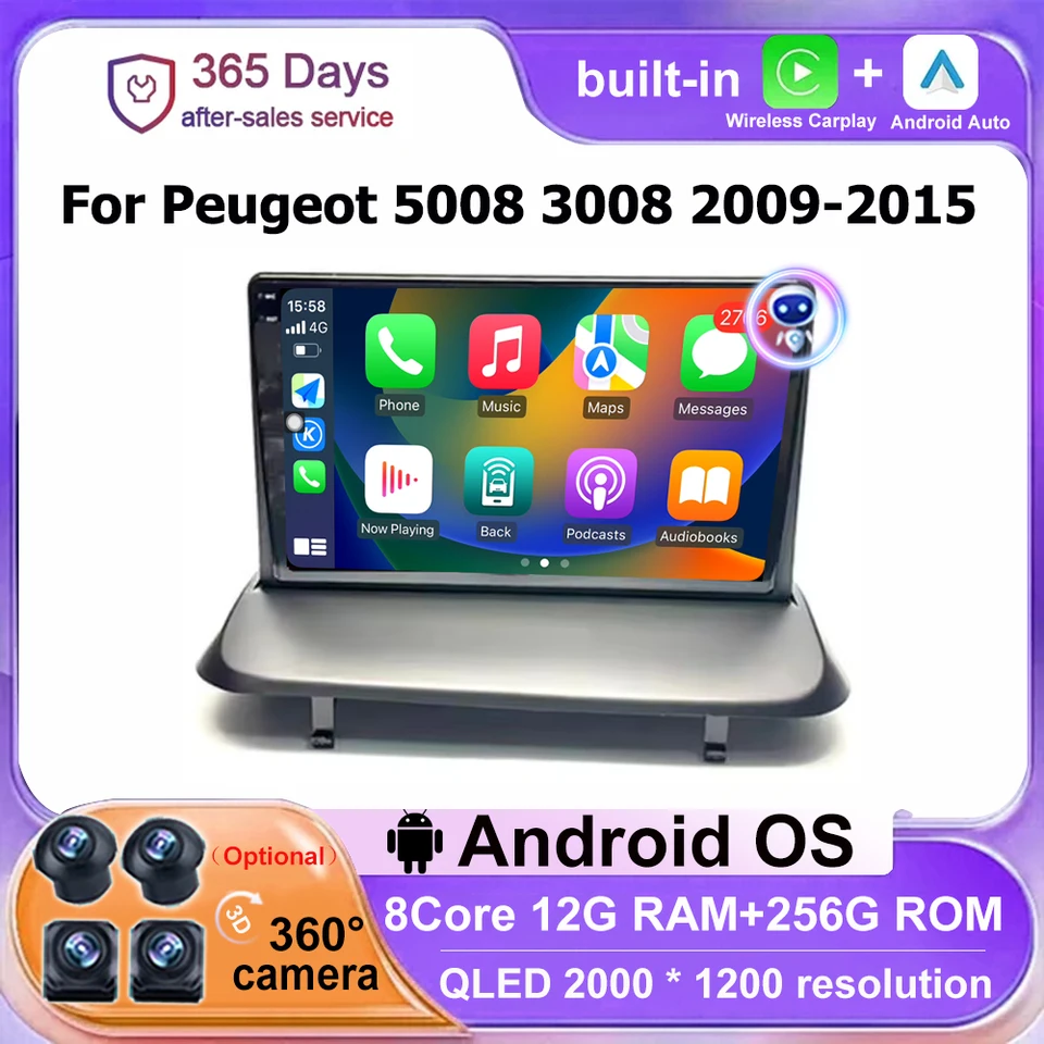 Automobilové rádio GPS navigačné multimediálne video prehrávač Stereo pre Peugeot 5008 3008 2009-2015 Android Auto Wireless CarPlay 4G BT DSP
