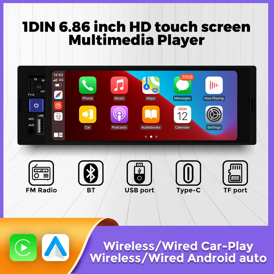 Automobilové rádio pre Volkswagen Nissan Toyota Kia Multimedia Player Support CarPlay Android Auto Auto 6.86inch IPS obrazovky 1Din MP5 Player