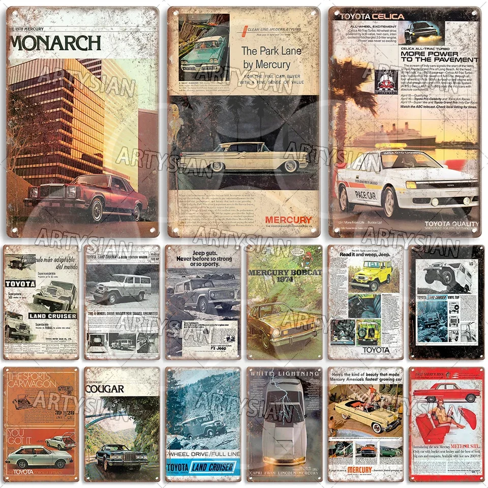 Automobilový kovový znak automobilu Van Pickup Autbus Ads kovové plakety ortuť Monarch Toyota Celica Jeep Commando Park Lane Cougar