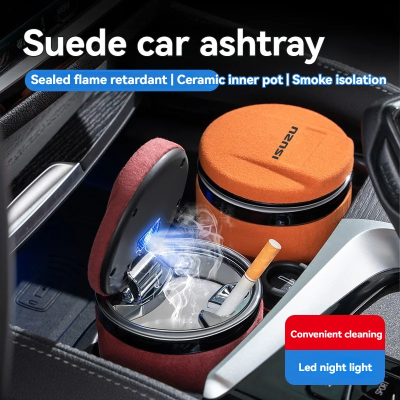 Automobilový semišový popolník s modrým lúčom LED svetlo kreatívny keramický držiak cigariet s logom pre príslušenstvo automobilu Isuzu