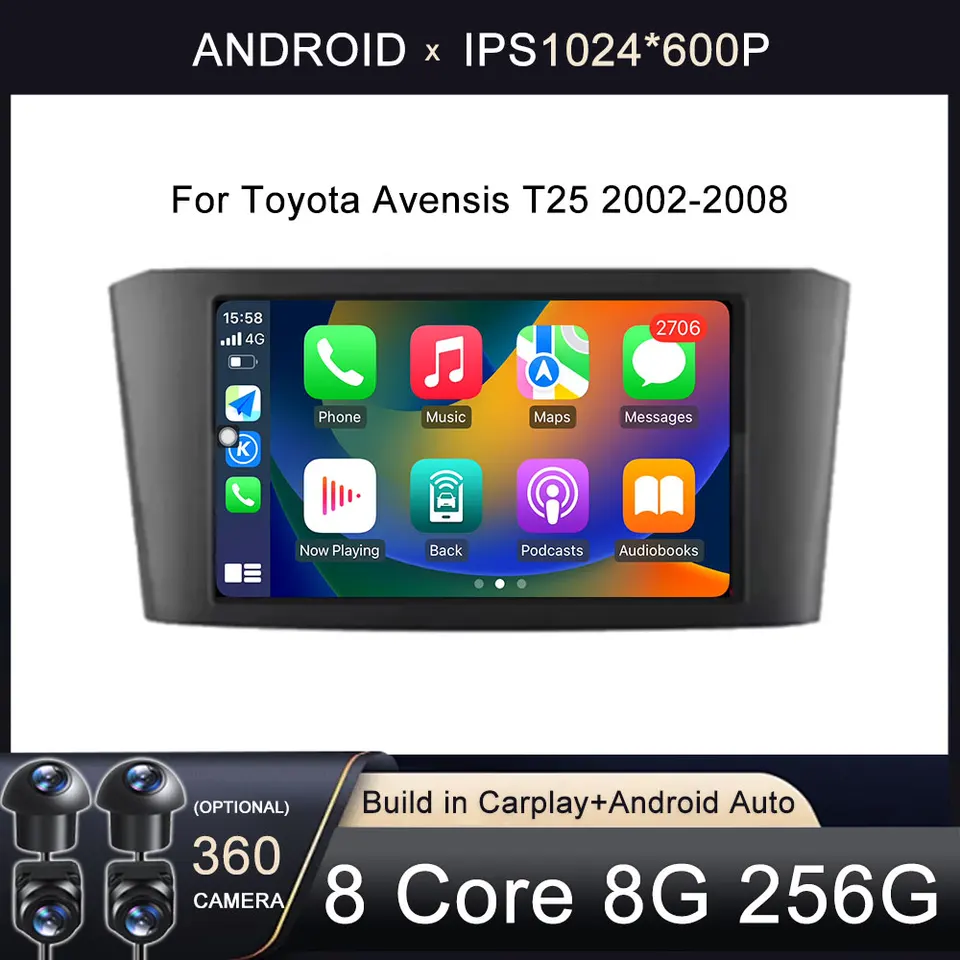 AUTOMÁRNE RADIO Android 14 pre Toyota Avensis T25 2002-2008 CarPlay Navigation GPS Stereo Android Auto Screen No 2Din DVD 5G WiFi Head