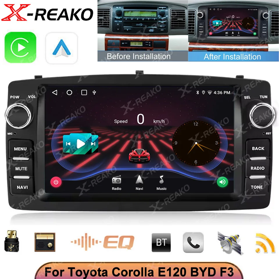 AUTOMÁRNE RÁDIO Android pre Toyota Corolla E120 2003-2006 BYD F3 CarPlay Multimedia 7 '' Player 2Din Autoaudio Head Unit Navigation GPS GPS