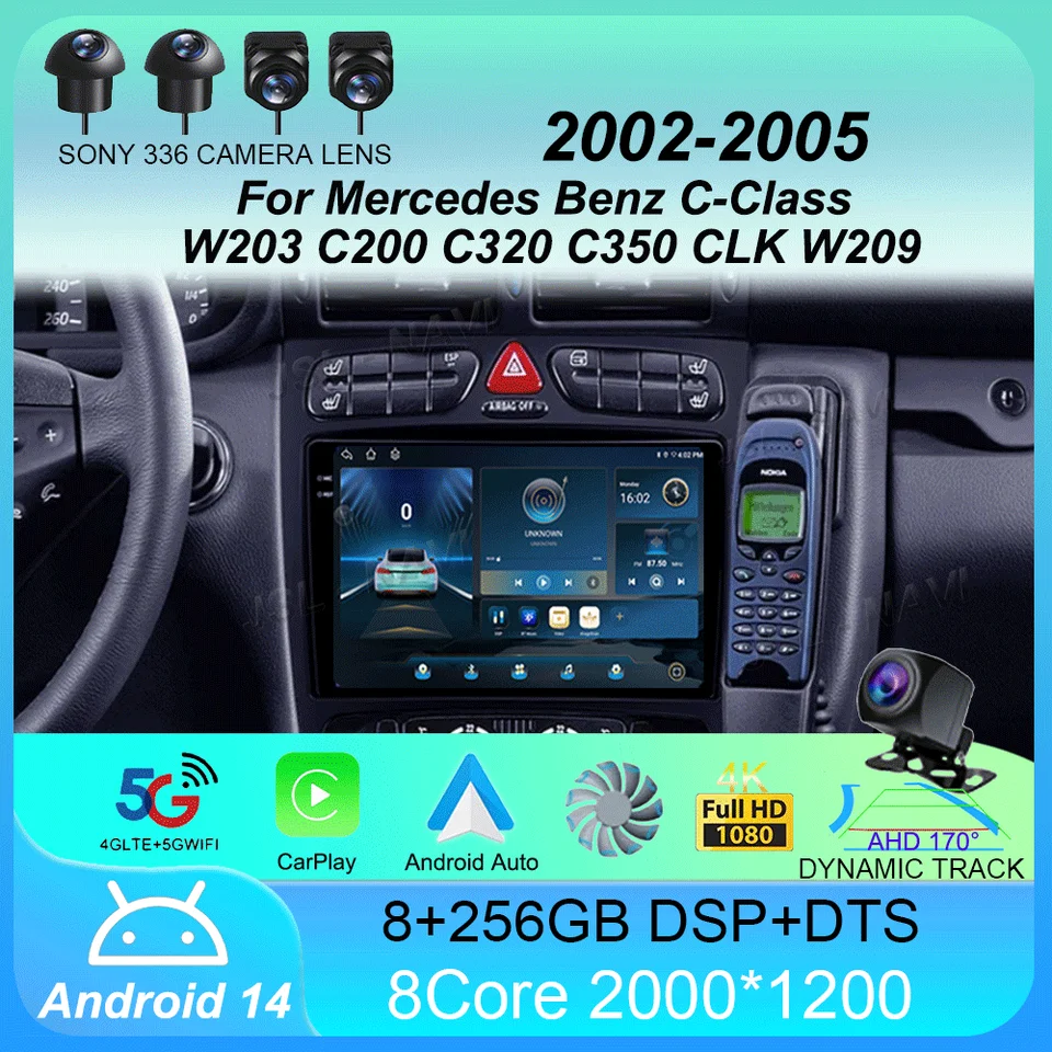 AUTOMÁRNE RÁDIOD Android 14 pre Mercedes Benz C -Class W203 C200 C320 C350 CLK W209 2002 - 2005 navigačné GPS Multimedia Player Stereo