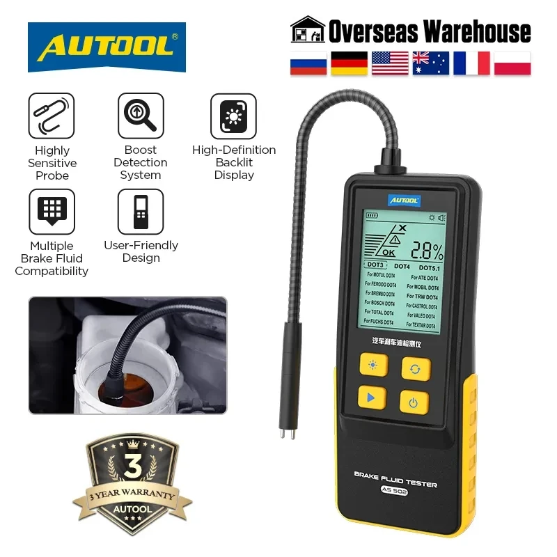 Autool AS502 Automobilová brzdová brzdová tekutina tester Oil Kvapalina Kvalita obsahu vody Brzdový olej pre automobil DOT3/DOT4/DOT5.1/ENV4