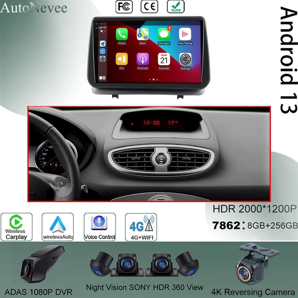 Autoradio Android Wireless CarPlay pre Renault Clio 3 2005 - 2014 Car Stereo Multimedia Video Radio Player GPS DVD DSP IPS QLED