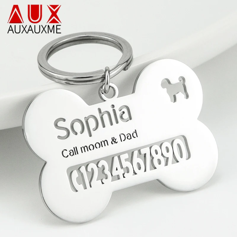 Auxuxme Custom Pet Collar Tag Bone Keychain Nerezová oceľ Personalizované názvy Telefónne číslo Proti-Lost Keyring Puppy Accessories