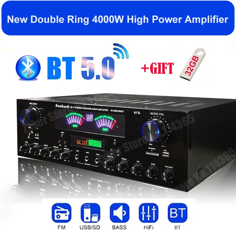 AV-555BT/999BT Bluetooth Zvukové zosilňovače Duálne dynamická obrazovka HIFI stereofónny digitálny zosilňovač pre domáce auto divadlo Karaoke Max 4000W