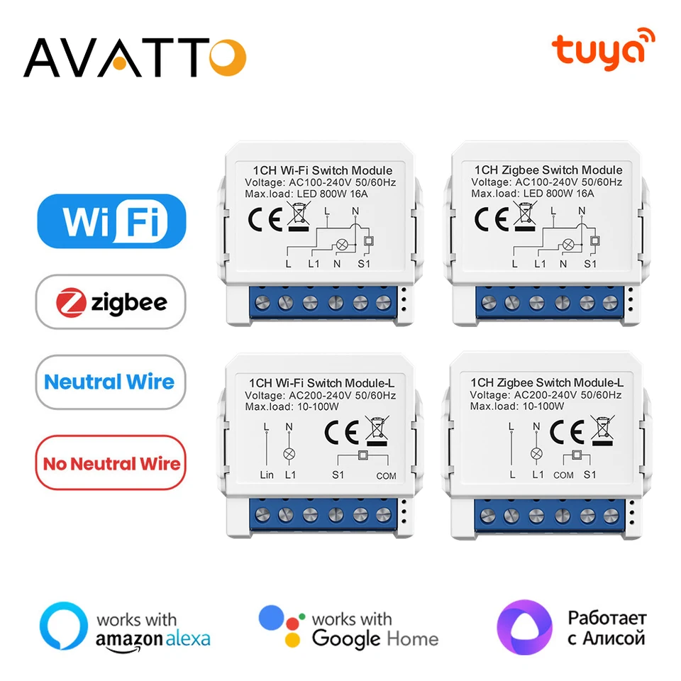 AVATTO TUYA WIFI/ZIGBEE SMART LIGHT SWINT MODUL ， Neutrálny drôt/bez neutrálneho riadenia drôtu podpora prerušovača Alexa, Google HOME