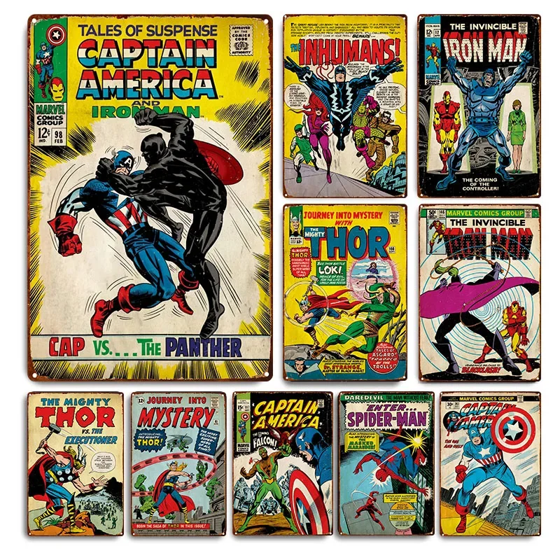 Avengers liga superhrdina Spider Man US kapitán Thor retro kovový plagát cín Plaque Metal Opna pre deti Klub kovový dekor