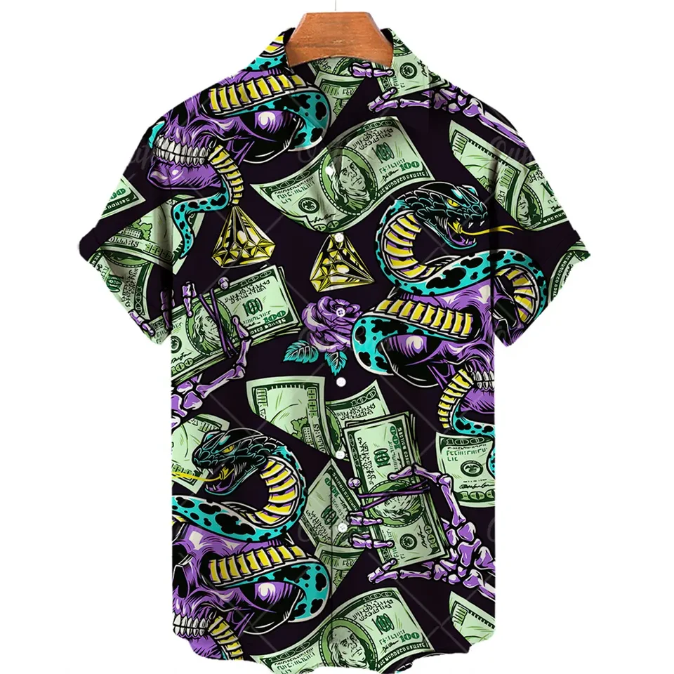 Awaiian Pánska košeľa Dollar Beads Retial lebka vzor 3D tlače Príležitostné košele ulice Topy Tops Party Fashion krátke rukávy pán