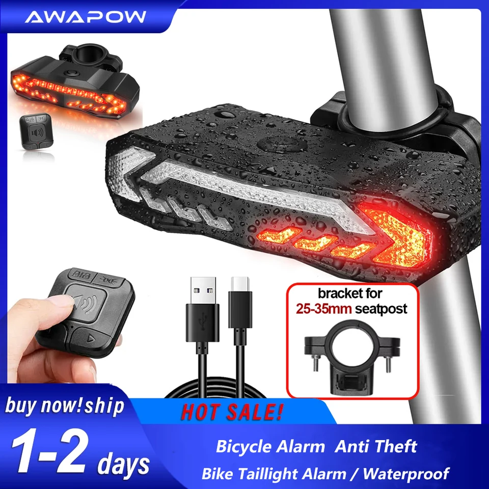 AWAPOW 5 v 1 bicykel Alarm proti krádeži bicykla zadné alarmy IP54 Vodotesný diaľkový ovládací bicykel zadné svetlo s otočnými signálmi