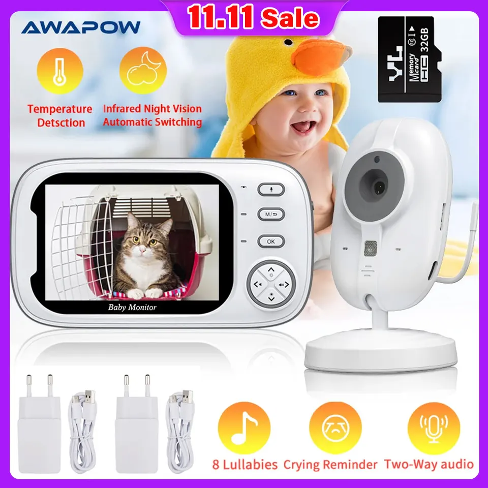 AWAPOW VIDEO PET PET dieťa Monitor bezdrôtového HD DETS DECOVEILLANCE COMERA s 32 GB Pamäťovou kartou Automatické nočné videnie teplota Monitorin