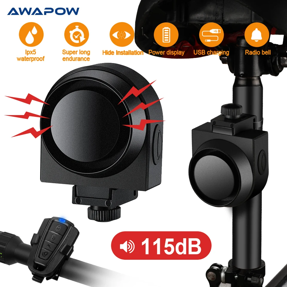 AWAPOW Wireless Bicycle Vibration Alarm nabíjanie USB nabíjanie motocyklového bicykla Alarm diaľkové ovládanie proti krádeži detektora bicykla Alarm