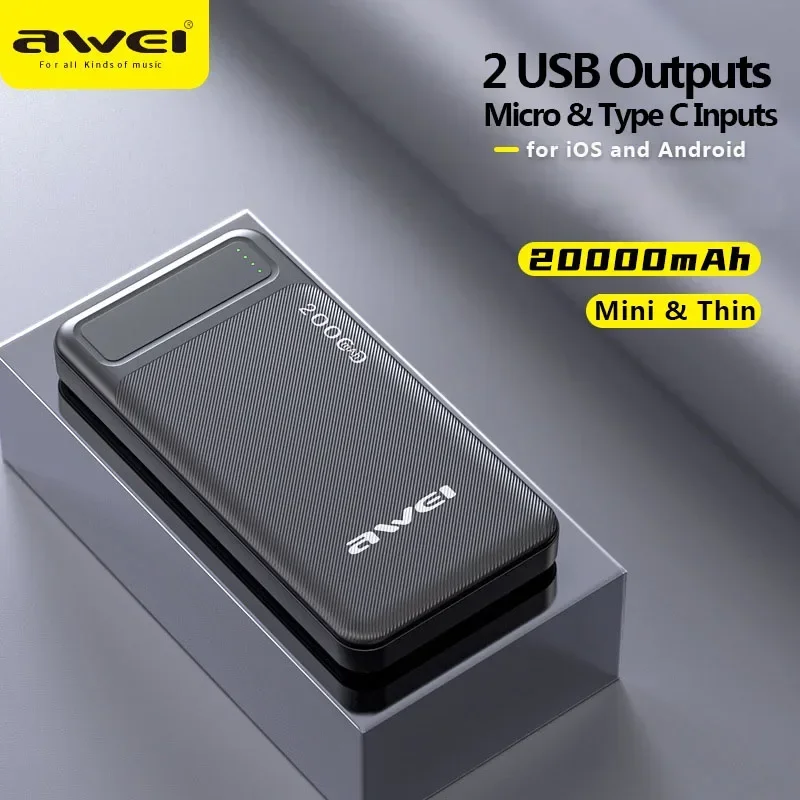 AWEI P6K/P5K Výkonná výkonová banka 20000 mAh/10000 mAh Double USB výstupný výkon Powerbank pre mobilný telefón rýchly nabíjanie Externá batéria
