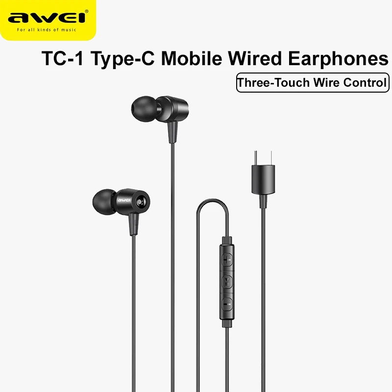AWEI TC-1 TYP-C Káblové slúchadlá Super Bass Sport Headset Universal do uší slúchadlá ruky zadarmo s mikrofónom pre smartfóny