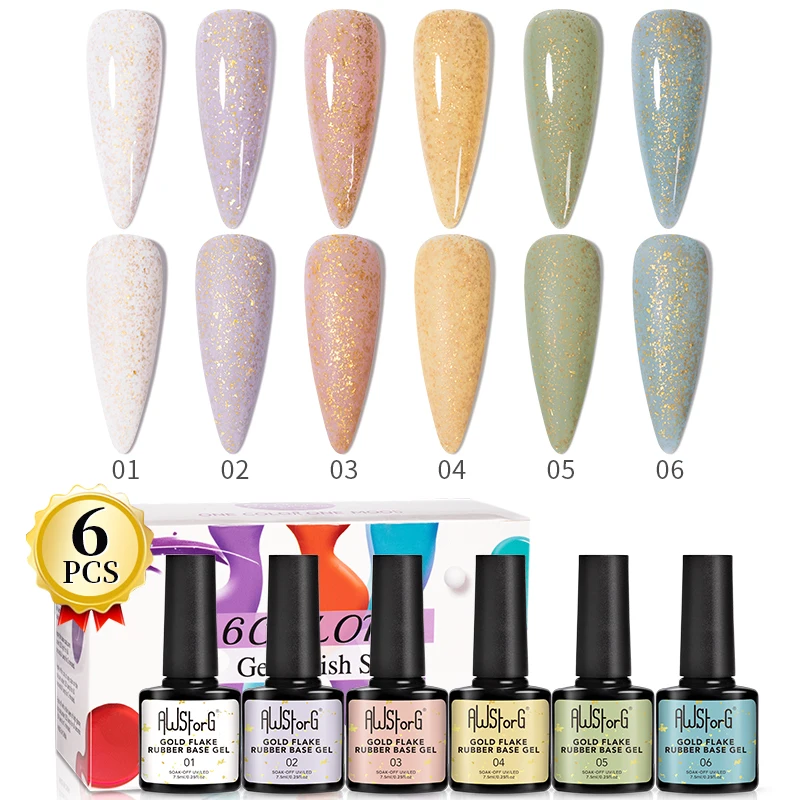 AWSTORG 6PCS/Set 7,5 ml Gold Flake Glitter Base Base Gel Nail Poľh Long Trvalá rýchla predlžovanie gél na nechty Art UV Glue Builder