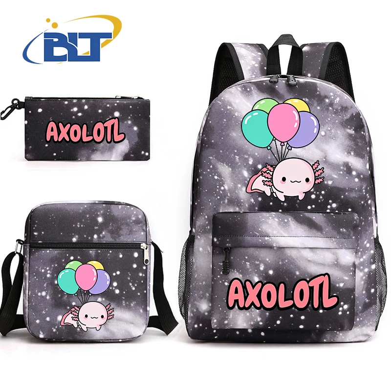 Axolotl Cartoon Print Kids School Bag Set Youth Backpack vrecko na rameno ceruzky puzdro 3-dielne súpravy Detský darček