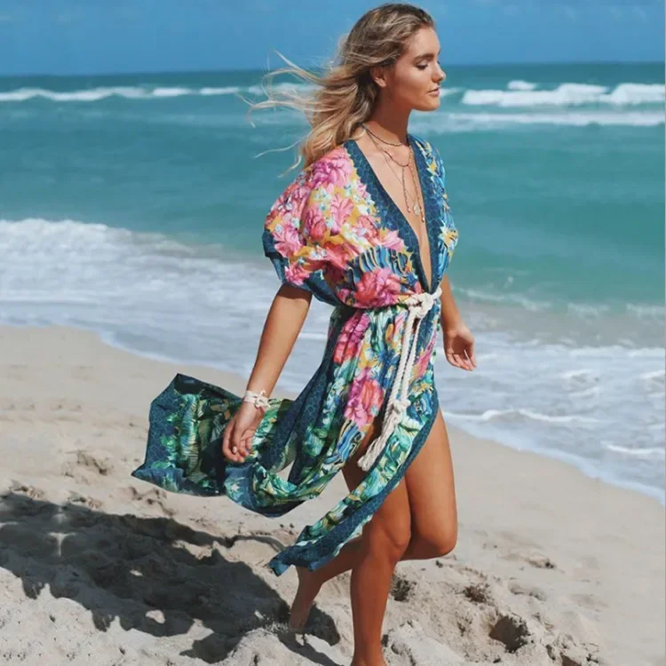 Ayualin boho kvetinová tlač kimono žien Cardigan Sexy Stránka Split Beach Kaftan dlhé šaty letné bikiny zakrývajúce vestidos rúcho