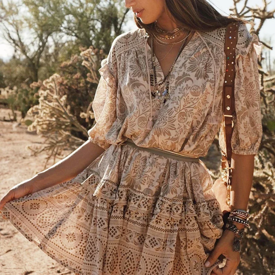 Ayualin mini dámske šaty šaty volebné prebiehajúce s krátkym rukávom voľné boho rayon kvetinové tlačové šaty jesenné šaty A-line cigánske šaty Vestidos