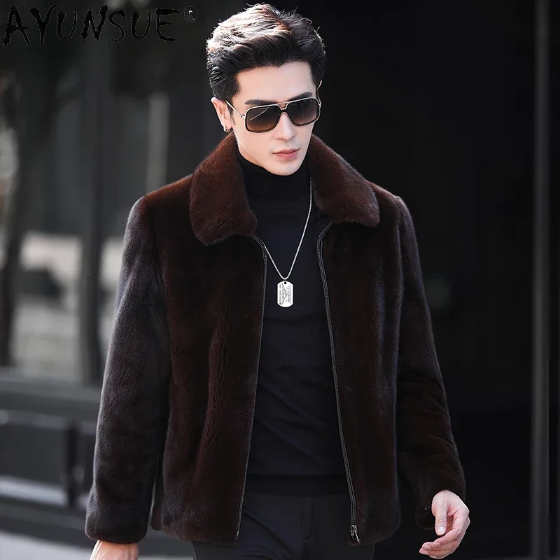 Ayunsue Real Mink Curr Men Luxury Winter 2023 Príležitostné podnikanie Mink kožušinová bunda samec čistý farebný kožušinové kabáty a bundy jaqueta
