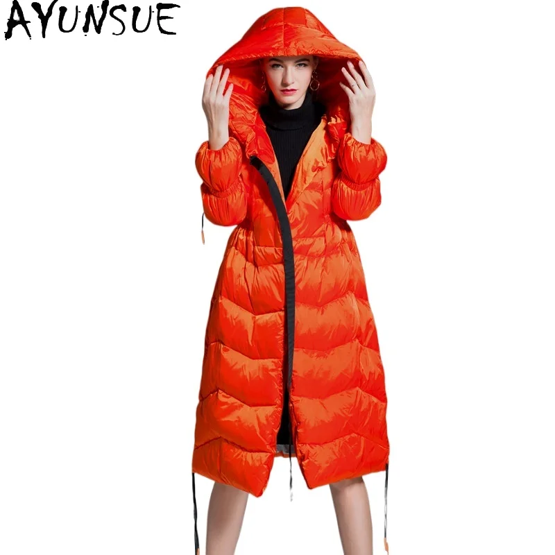 Ayunsue White Duck Down Puffer bunda Ženy Luxusné dlhé kabáty s kapucňou zimné teplé oblečenie voľné fit 2024 пуховик женский