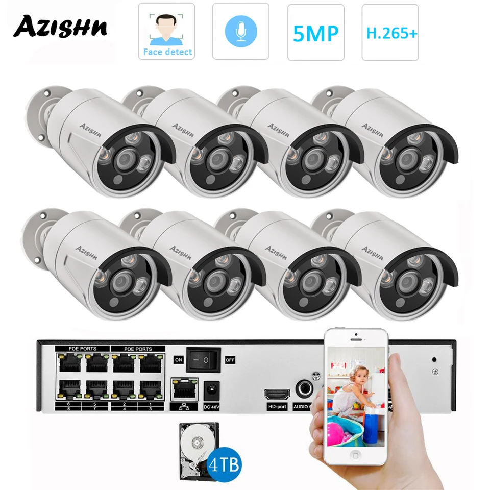 Azishn H.265 8ch 5MP Poe Security Camera System Kit Kit Audio Record IP Camera Ir Outdoor Witerprope CCTV Video Surveillance NVR Set