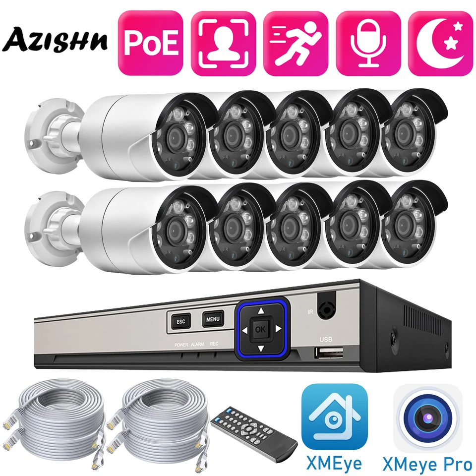 Azishn Outdoor Poe IP Camera Set Detection Detection 5MP NVR Detekcia pohybu CCTV Video sledovanie súprava Audio Security System Kit