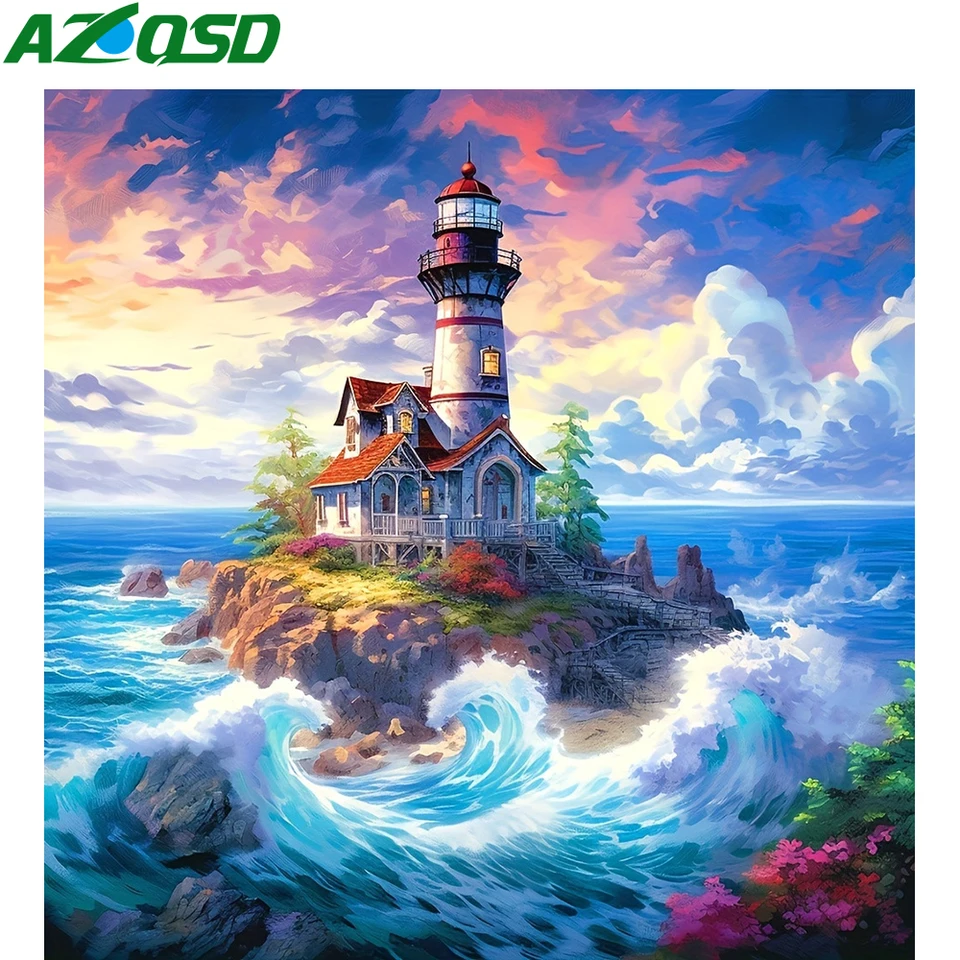 Azqsd Diamond Paintings House Krajina krížový steh vyšívací morský maják mozaik