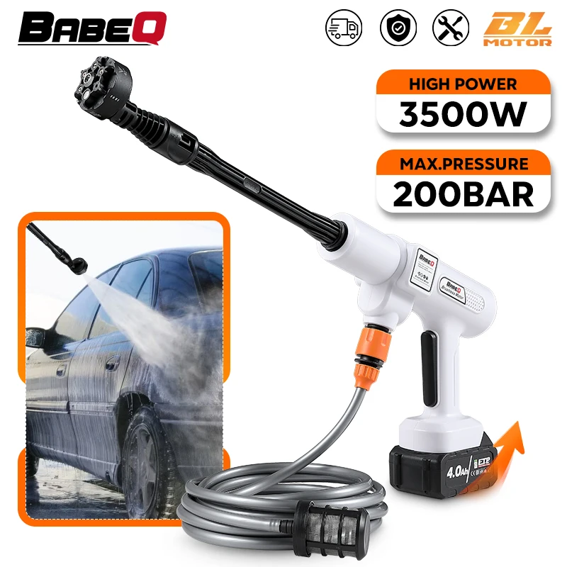 Babeq 200bar bez kefy bez elektrických automobilov Sprejovacia pištoľ 4,0AH Li-ion batéria 6-v-1 tryska bezdrôtová elektrická vodná pištoľ