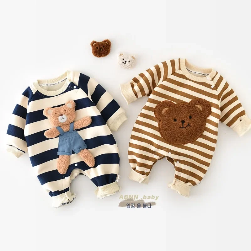 Baby Rompers zahusťuje podšívku Boys oblečenie pruhované dievčatá kombinézy roztomilý medveď s dlhým rukávom Jarná jeseň na jeseň detské oblečenie 아기옷