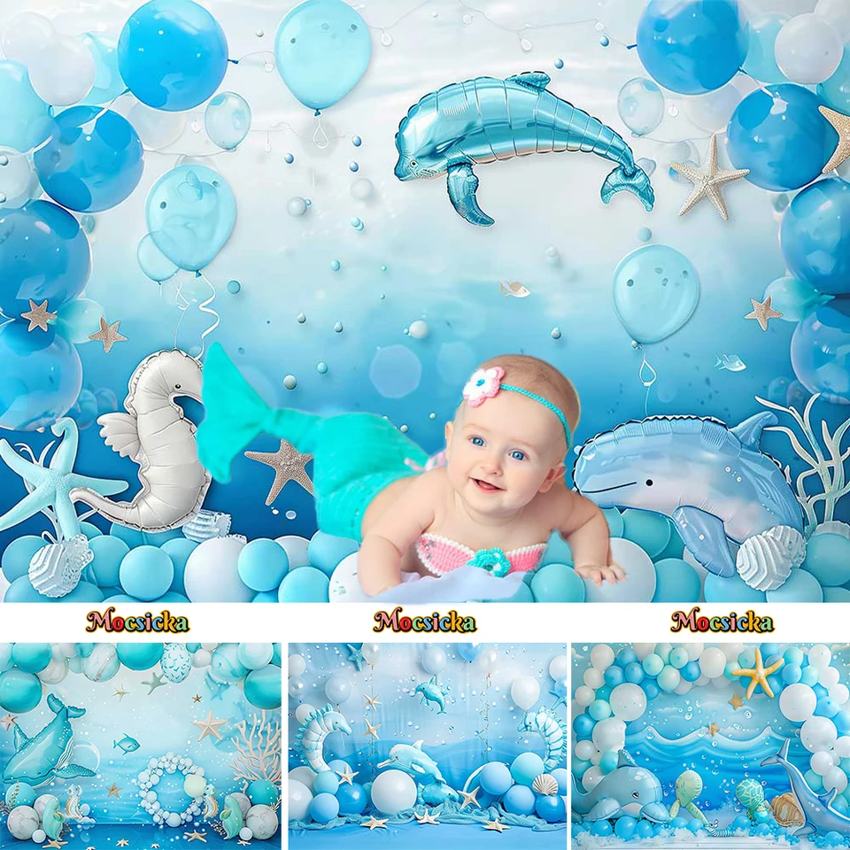 Baby Show pozadie plagát svetlo modrá podmorská strana bublina veľryba Balón pozadie dekorácie chlapec dievča 1. narodeniny fotobooth