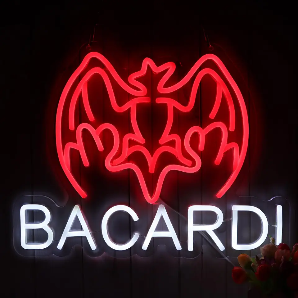 Bacardi Rum Neon Commercial Znak pre dekoráciu steny baru ， USB Otvorená dekoratívna barová značka pre domáci bar