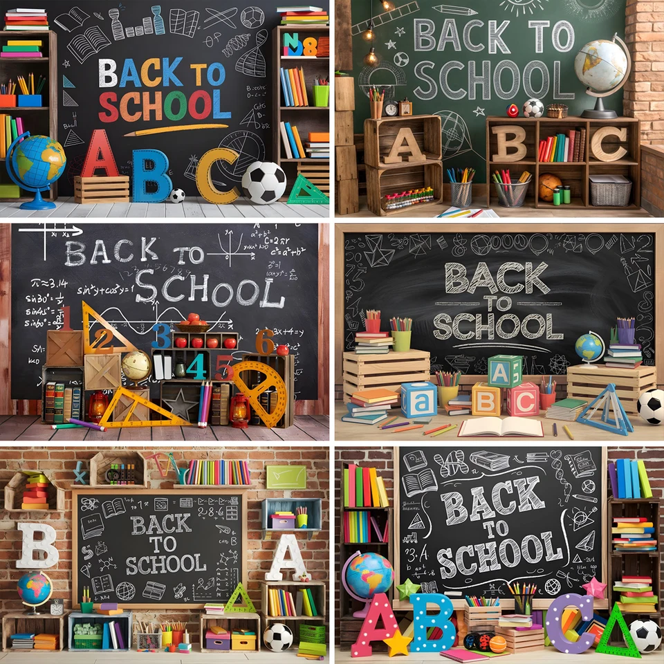 Back to School téma Photography Pozadie Učebňa Blackboard Book Board Cencil Cencil Student Portrét Indoor Chady Foto Studio