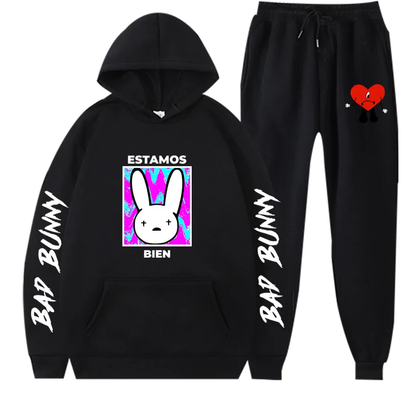 Bad Bunny Print 2 kusy súpravy s kapucňou +šnúrka nohavice Mužské mikiny bežiace športové oblečenie Men žien jesenné športovéwear