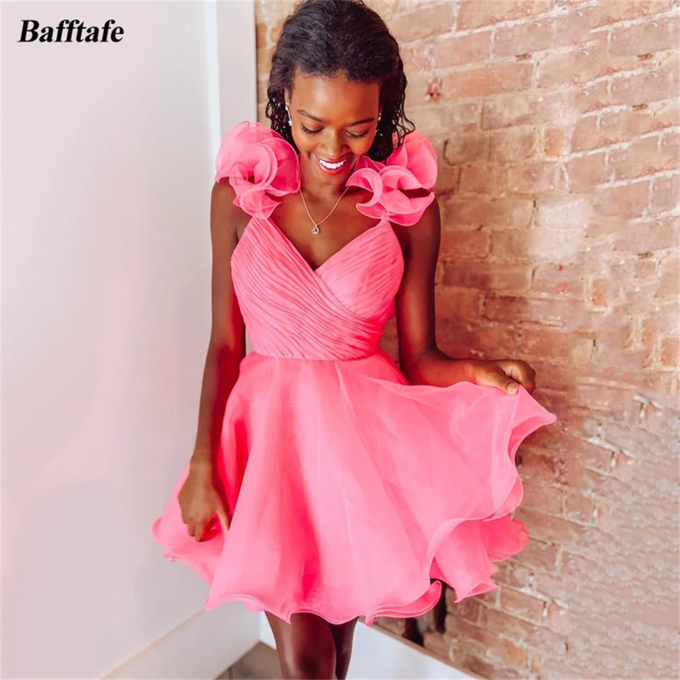 Bafftafe Hot Pink Organza Mini Prom Dresses Ruffles popruhy Pleats v krku s backless Formálne domáce šaty prispôsobené párty šaty na párty